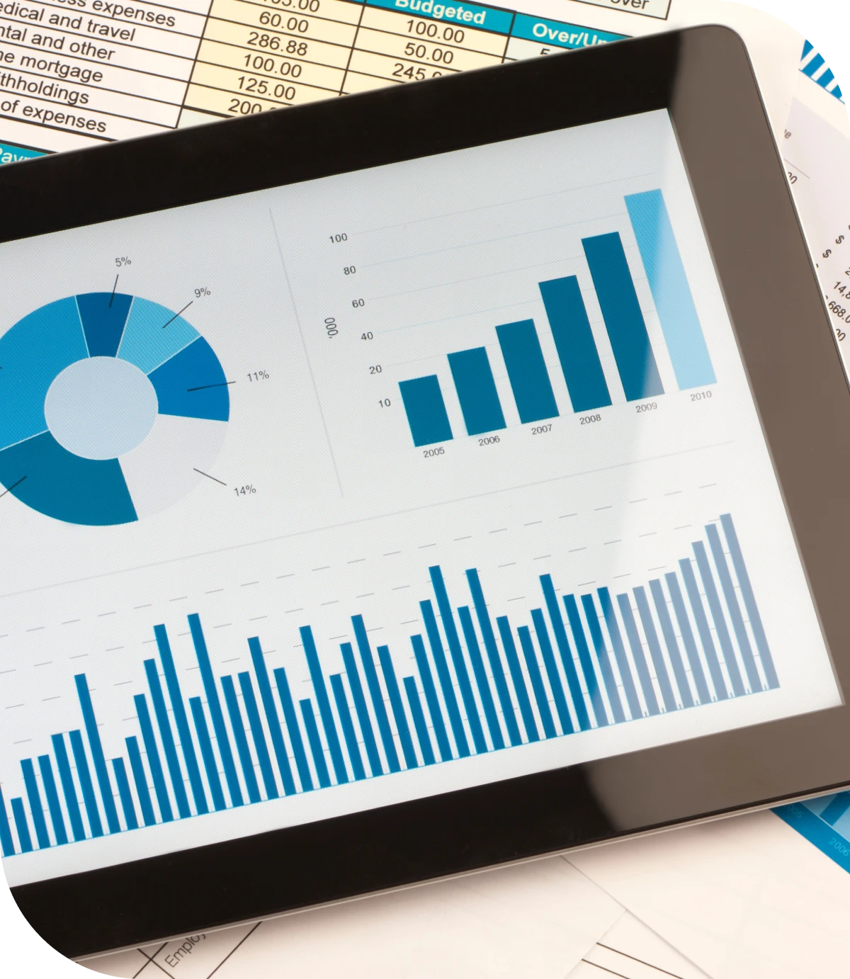 Digital financial report with bar charts